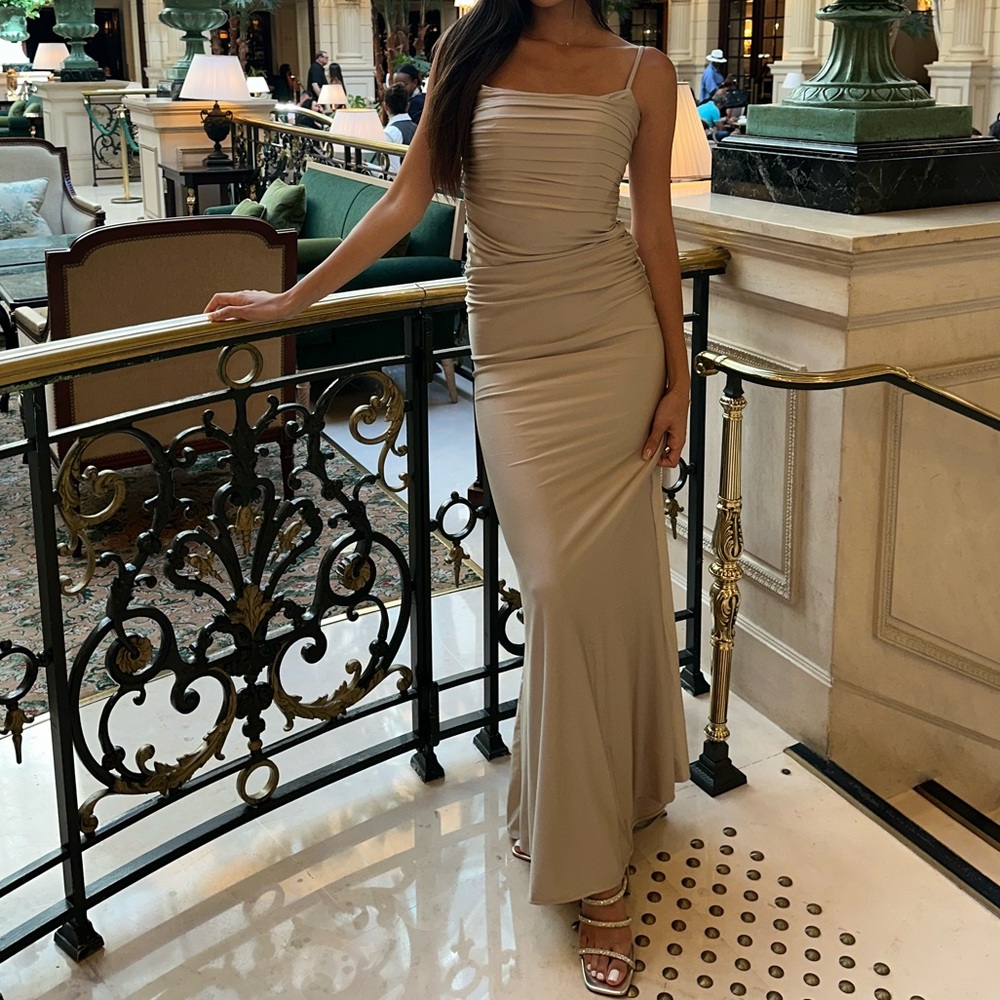 La Femme Ruched Trumpet Dress strappy back. - Picture 3 of 5